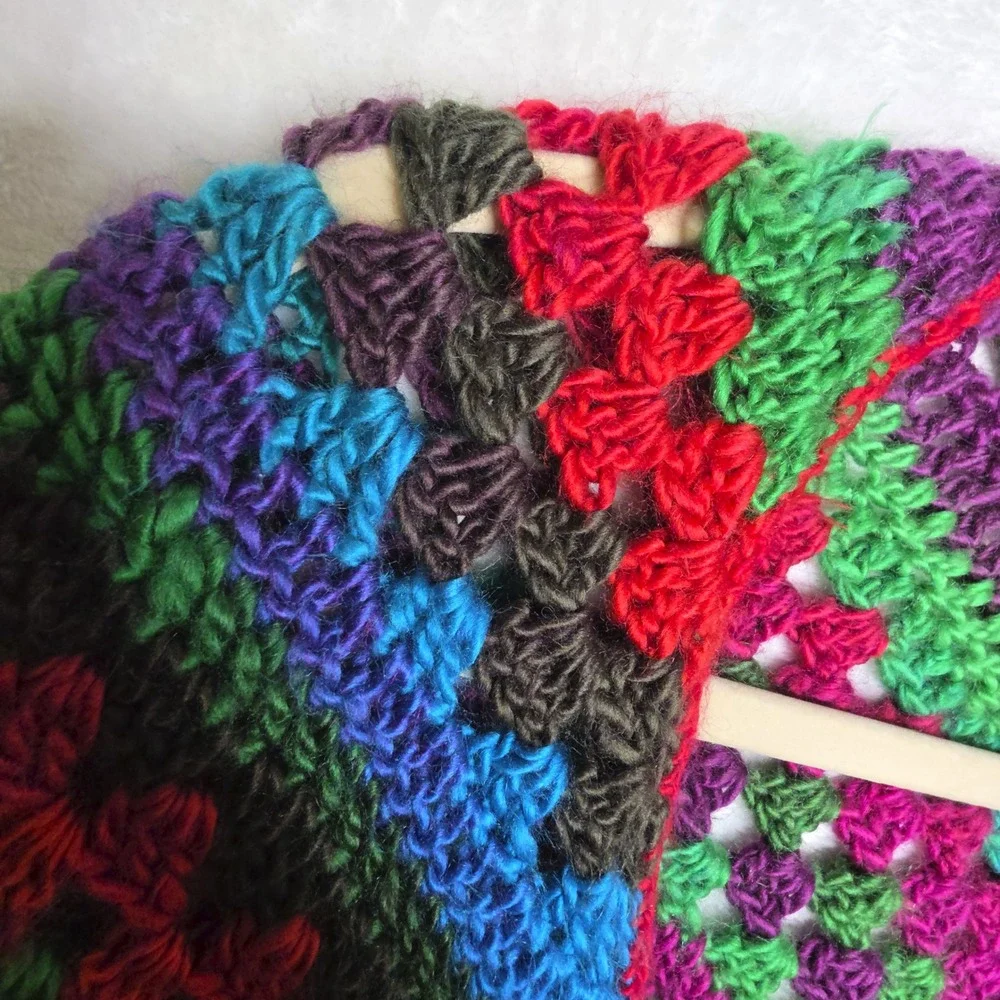 Boho Granny‎ Square Crochet Shawl Wrap Boho Multi Color Handmade Bright Colors